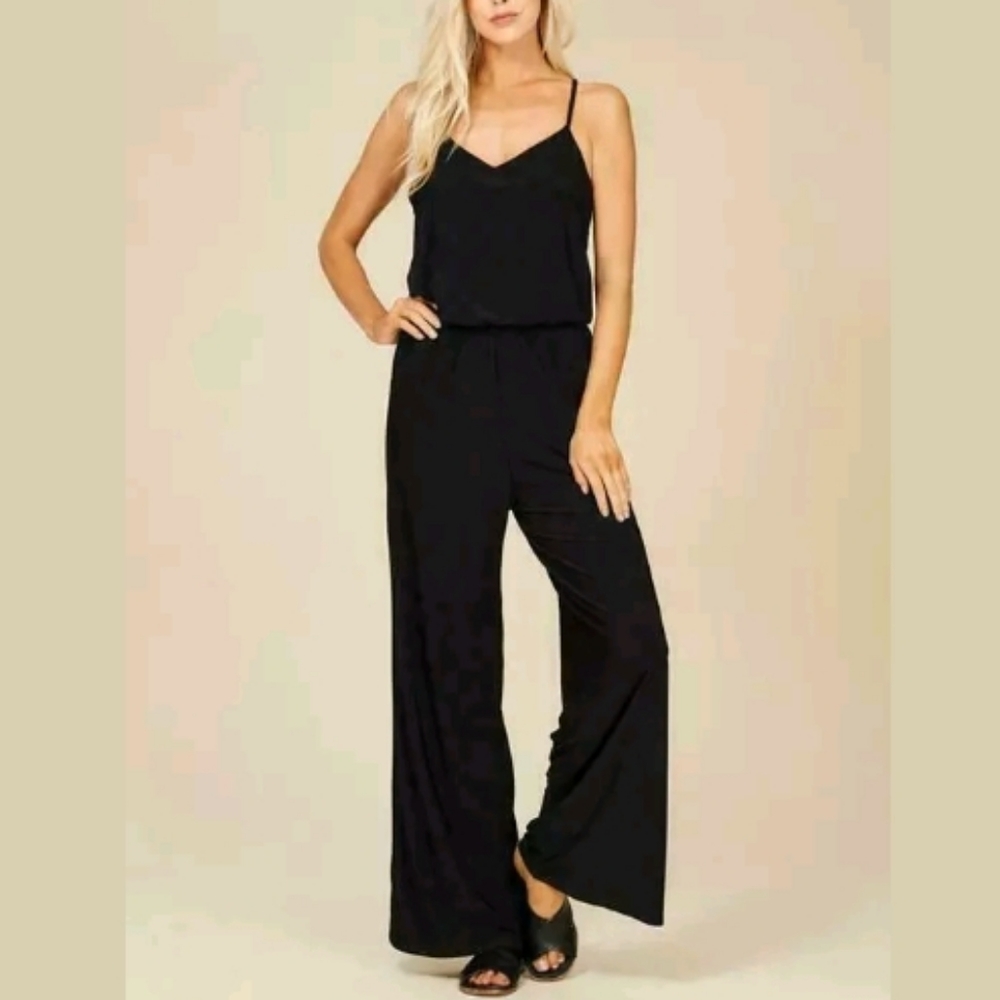 Women's Black Elastic Waist Jumpsuit - with Pocket